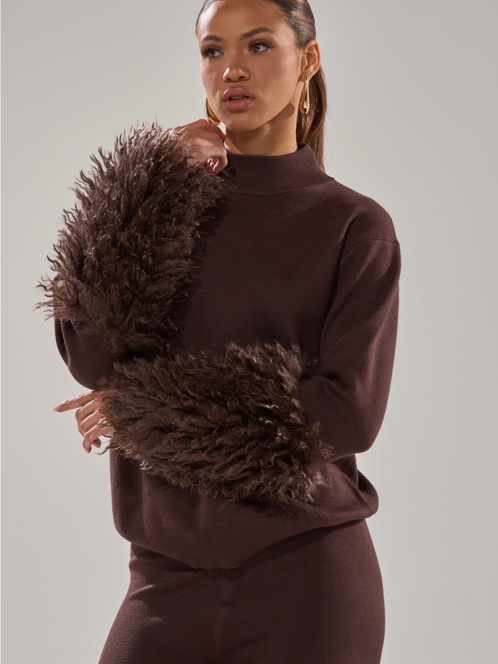 Faux-Fur Cuff Funnel Neck Sweater - Chocolate Brown